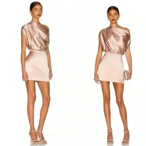 The Sei 100% Silk Draped One-Shoulder Mini Dress Champagne Pink Size 6 $747